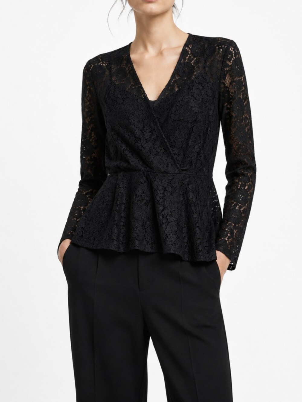 Thalia Sodi Black Lace Wrap Peplum Blouse